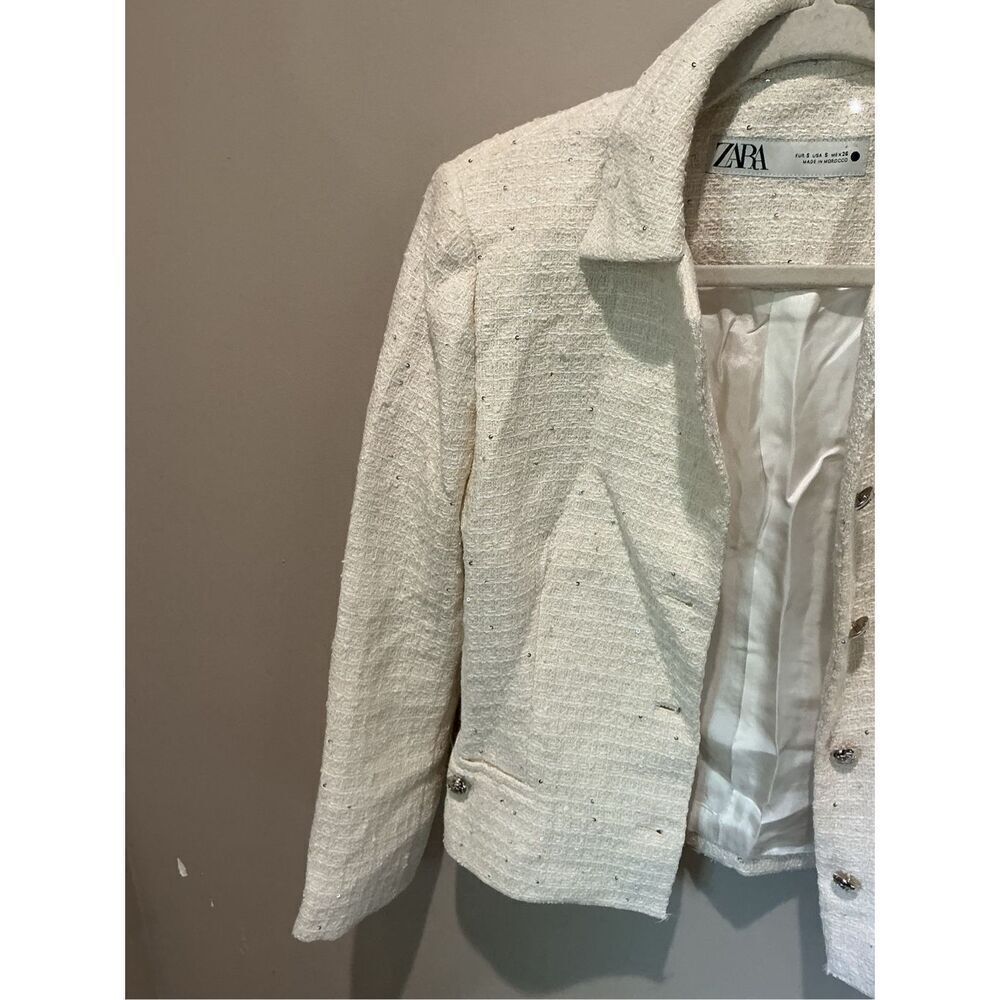 Zara Women's Cream Textured Cotton Fitted Jacket w/Silver Sequin Appliqués - Picture 5 of 7